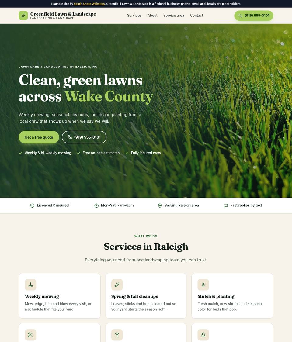 Desktop view of the landscaping example site